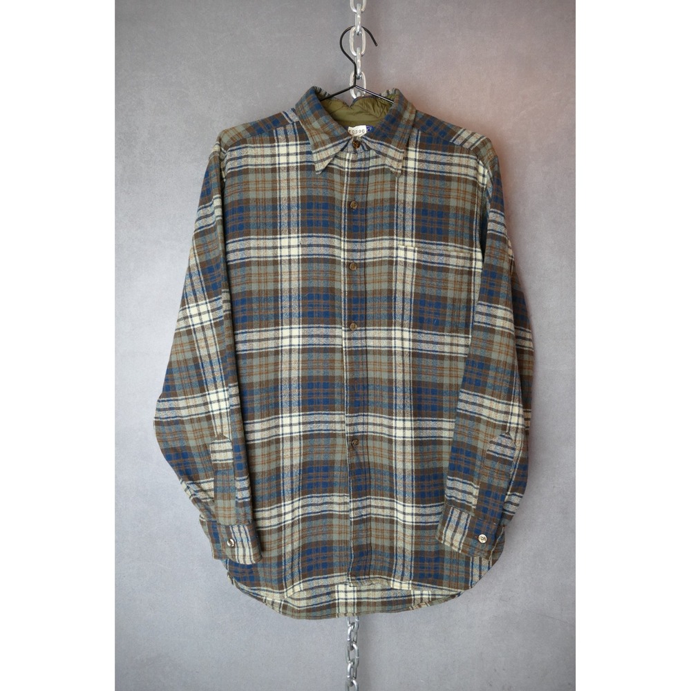 Pendleton Mens Wool Flannel Shirt Blue Brown Plaid Lined Vintage Size M 1970s
